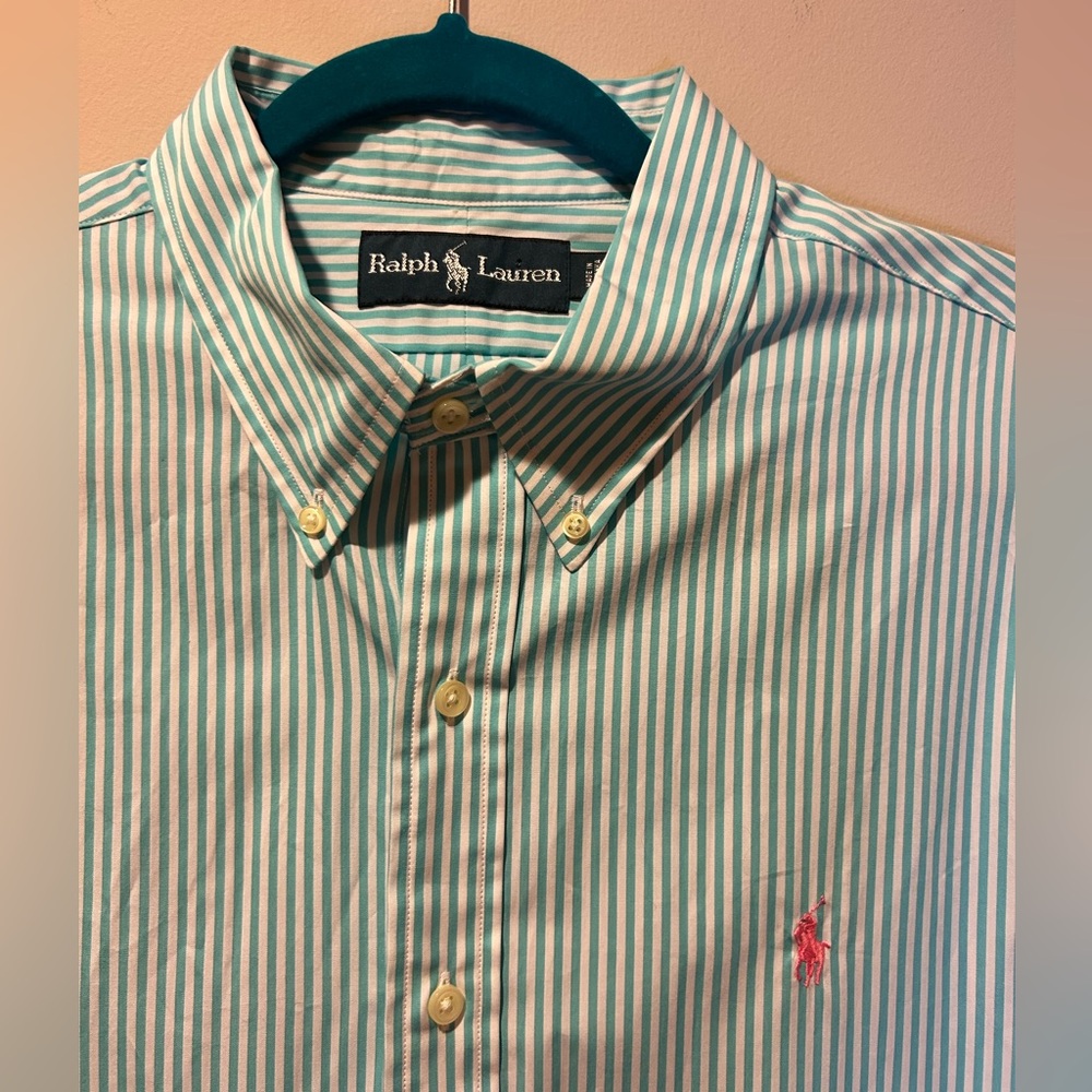 Ralph Lauren Long Sleeve Blue Stripe Cotton Button‎ Mens Shirt Polo Logo